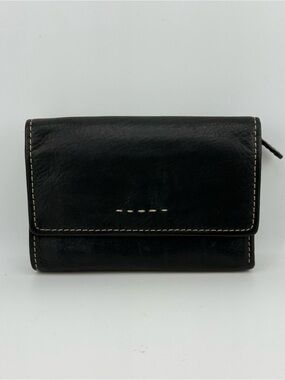 Fossil Black Leather Trifold Wallet ID Zip Coin Pocket Bifold Slim
